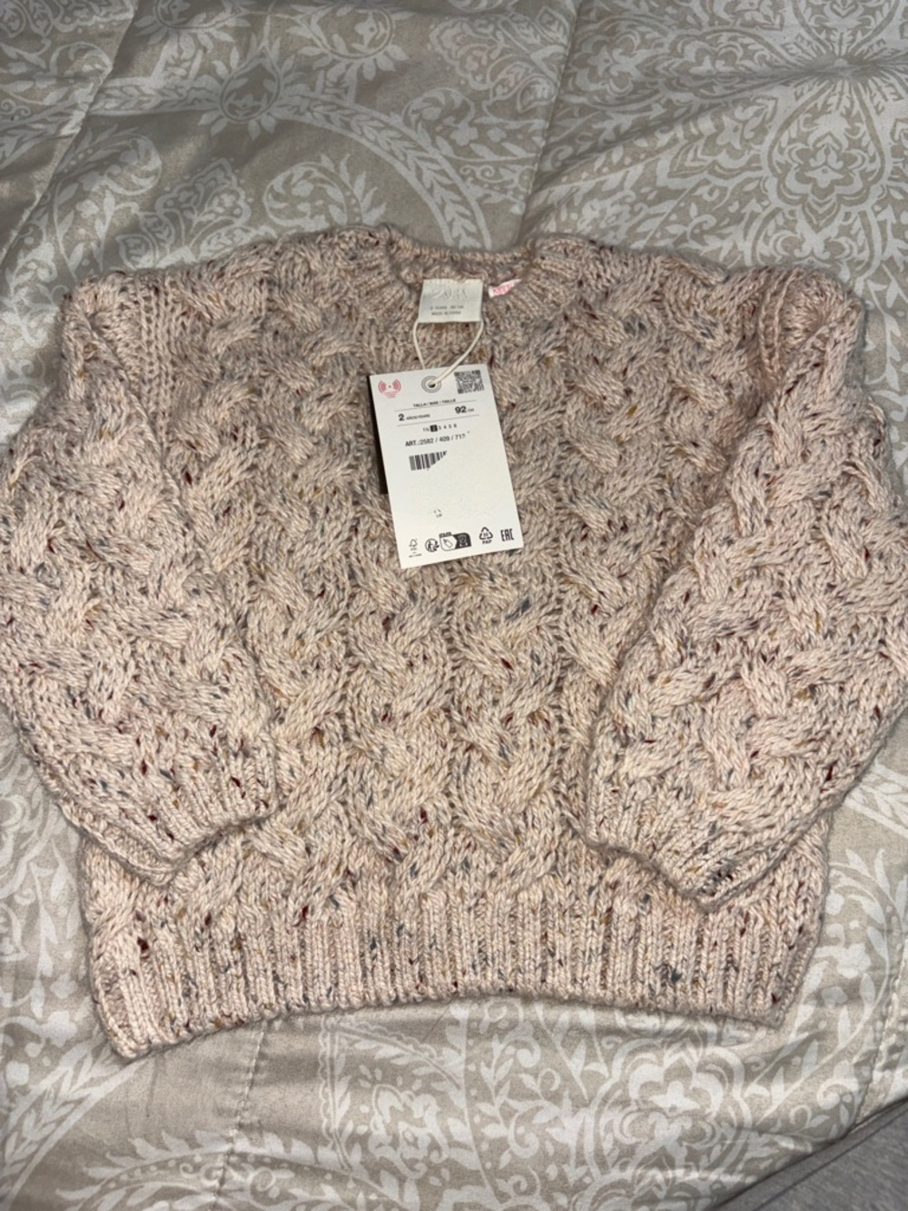 Zara Speckled Light Pink Cable-Knit Crewneck Sweater